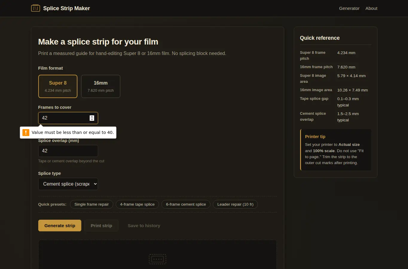 Screenshot of Film Splice Strip Maker – Printable 8mm & 16mm Splicing Guides interface showing the project page in use